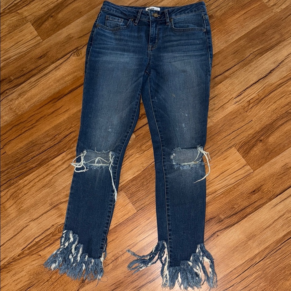 Distressed Blue Jeans with Fringe Hem